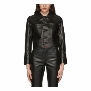 Ami Paris Cropped Black Leather Button Jacket